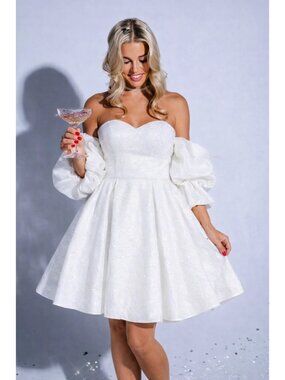 AVA GOWNS White Jacquard Corset Mini Dress Puff Sleeve Fit Flare Bridal NWT